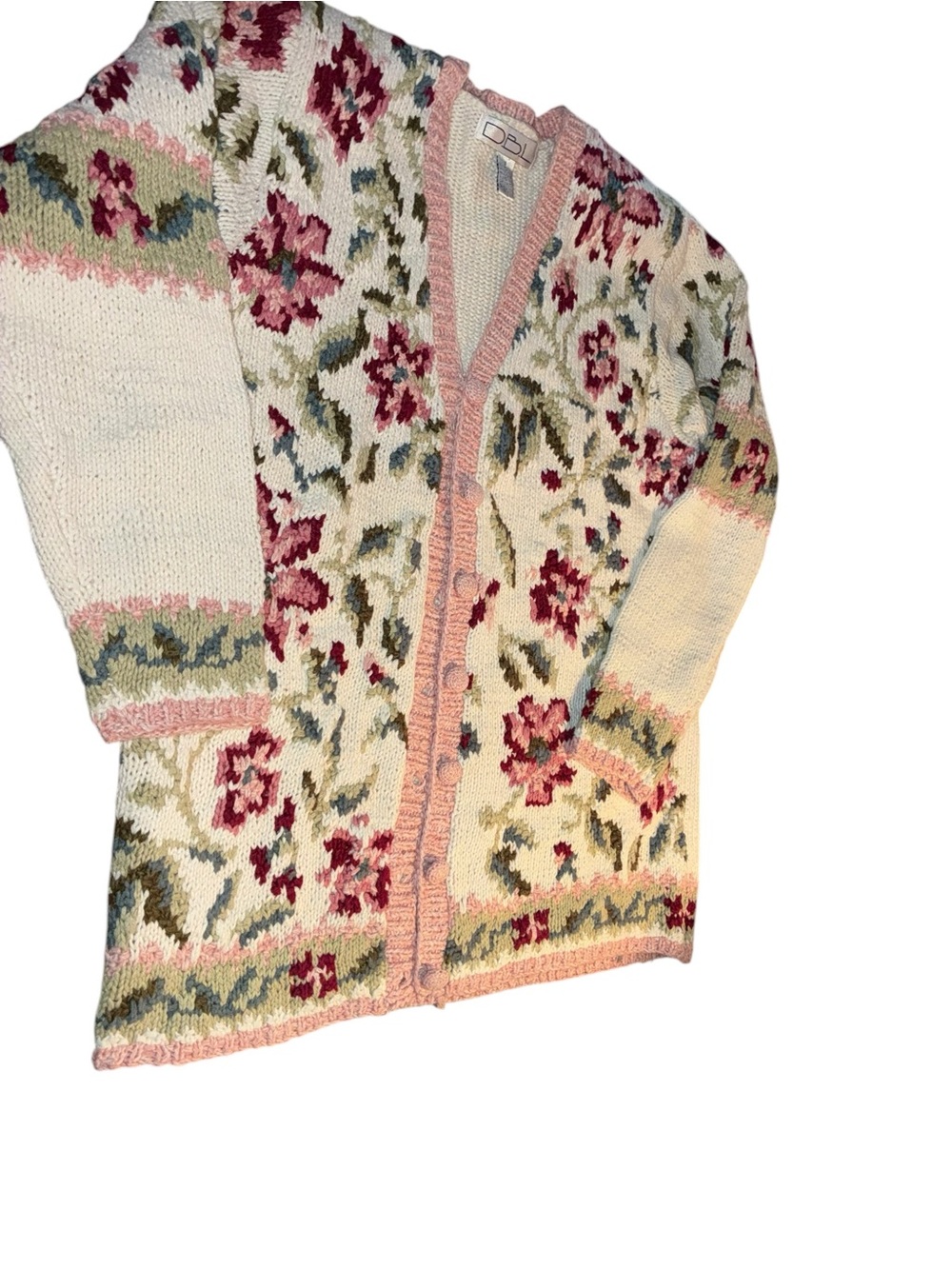 Pink Floral Knit Cardigan Sweater vintage sz small ramie/cotton
